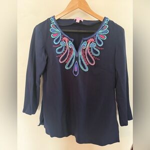 Lilly Pulitzer Charlotte Beaded Tunic Top Navy Blue Women’s Small